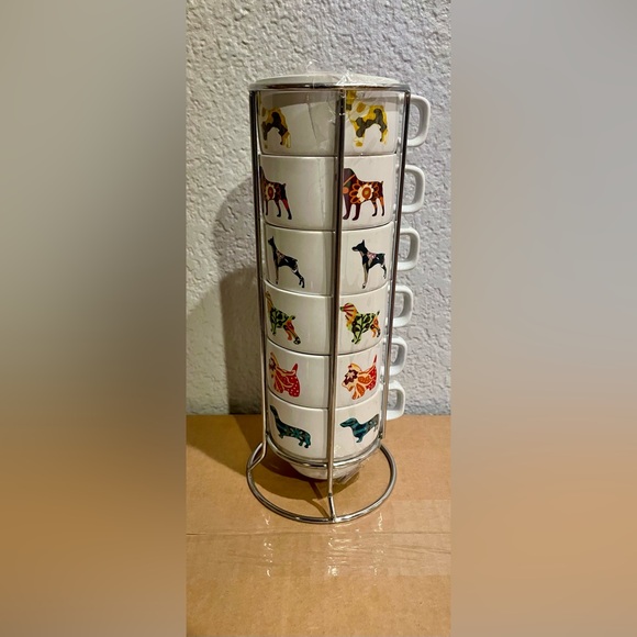 World Market Stacking Coffee Mugs/Cups Set of 6 Patchwork Dogs w/ stand - Picture 5 of 5